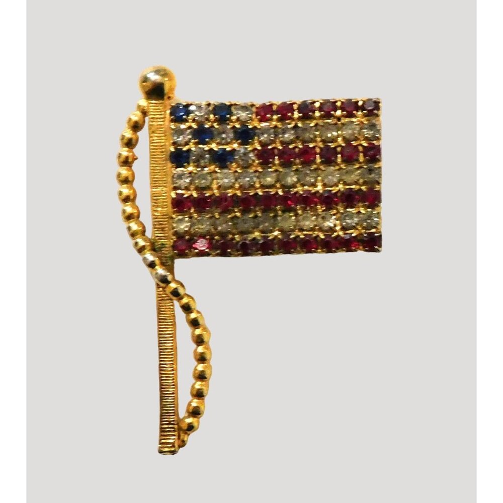 Vintage American Flag Rhinestone Pin Brooch RWB Crystals Gold Tone Patriotic